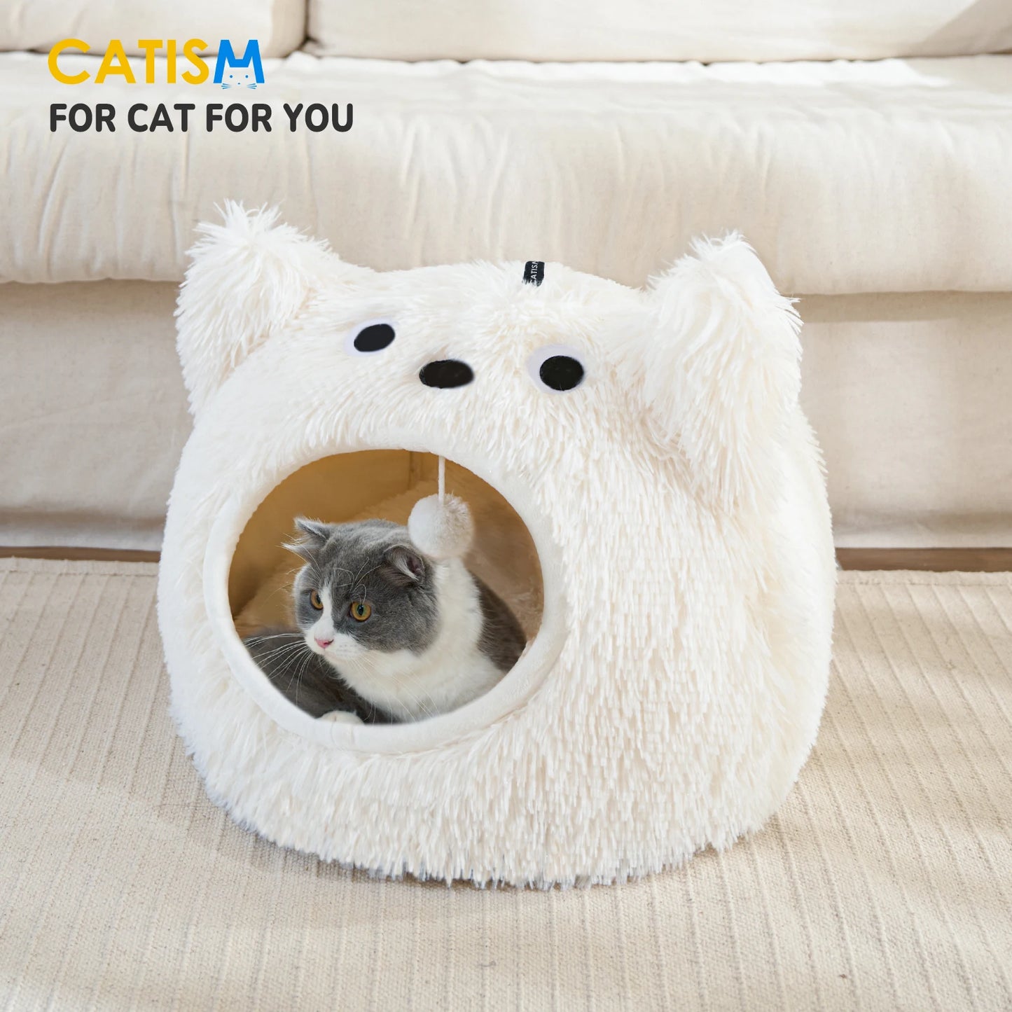 CATISM Cat Head Shape Cute Cat Bed, Soft Plush Hooded Cat House, Self Warming Cat Cave, Cozy Cat Pod for Indoor Cat or Small Do