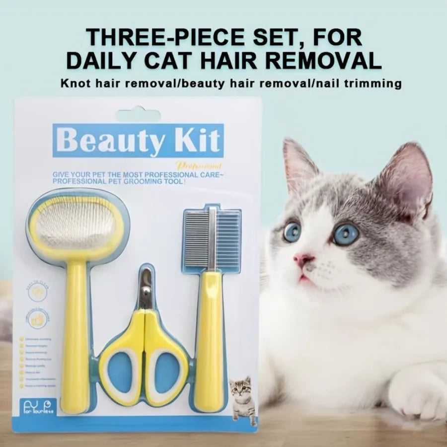 3pcs set Pet Grooming Set; Cat Hair Comb Cat Nail Scissors; Pet Comb Set For Dogs Cats