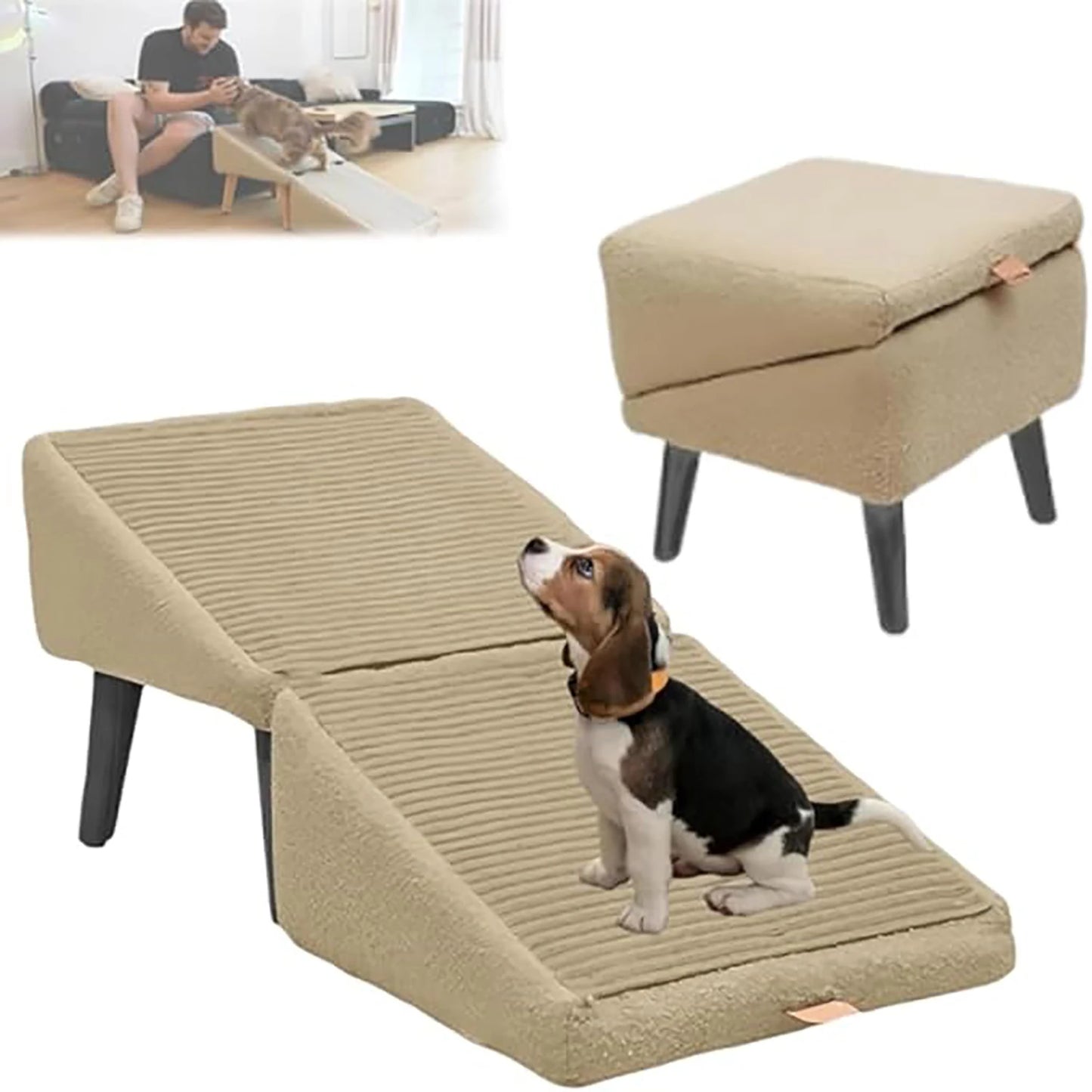Split Ottoman Dog Ramp, All-in-One Lightweight Folding Pet Ramps Stairs for Couch, 13.8" H Dog Chair for Bed, Couch, Pet Steps L