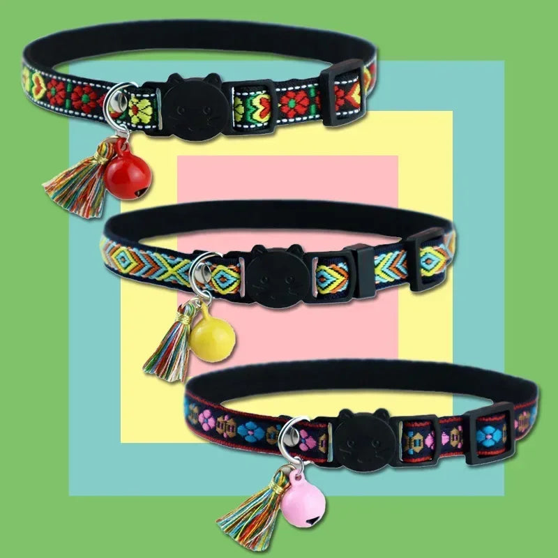 cat and embellished for colorful pet bells collars dog and jacquard tassels collar pattern plaid with Adjustable collar cat