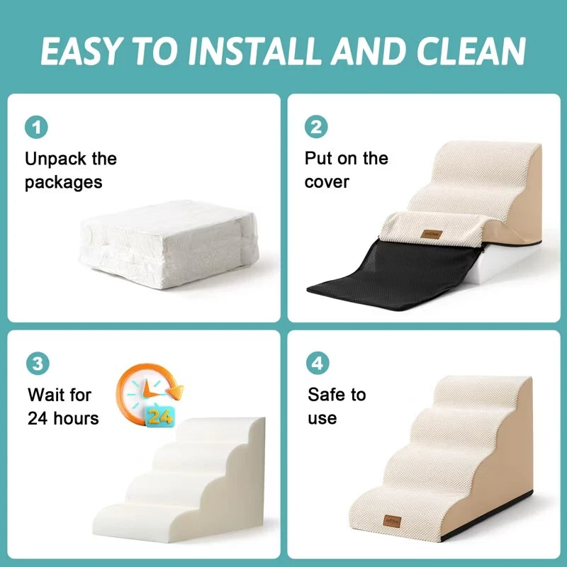 Dog Stairs for Pets Foam Ramp with Non Slip Base Waterproof Washable Cover Lightweight Portable Pet Steps for Bed Sofa