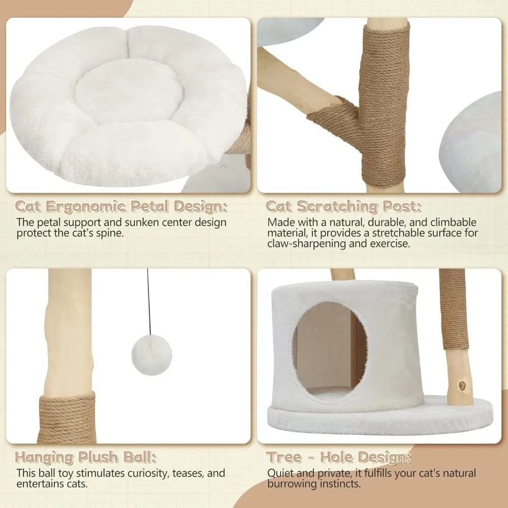 Modern Cat Tree Tower, Solid Wood Multi-Level w/ 2 Flower Perches, Scratching Post, Hanging Ball - Luxury Boho Cat Furniture