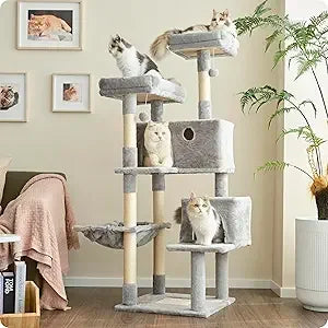 Ouritsu Cat Tree, 57 inch Cat Tower for Large Cat Indoor, 2 Top Perches with 1 Widened, 2 Condos with 1 Enlarged, Steel Frame Ha