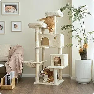 Ouritsu Cat Tree, 57 inch Cat Tower for Large Cat Indoor, 2 Top Perches with 1 Widened, 2 Condos with 1 Enlarged, Steel Frame Ha