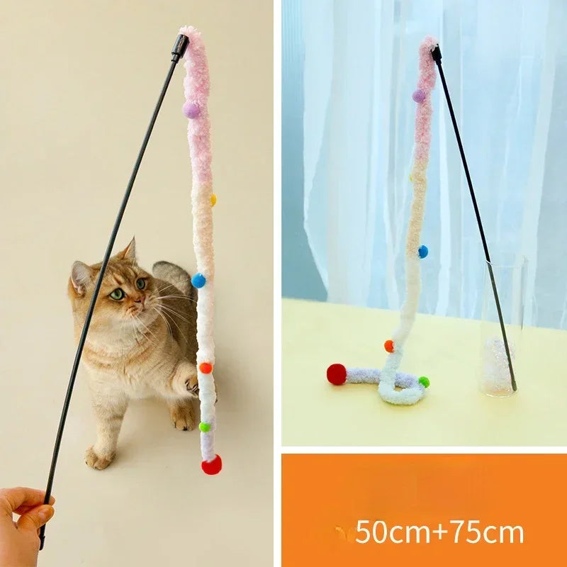 Cat Playing Teaser Wand Toy Cat Teaser Stick Long Handle Soft Color Plush Ball Bite-resistant Pet Supplies