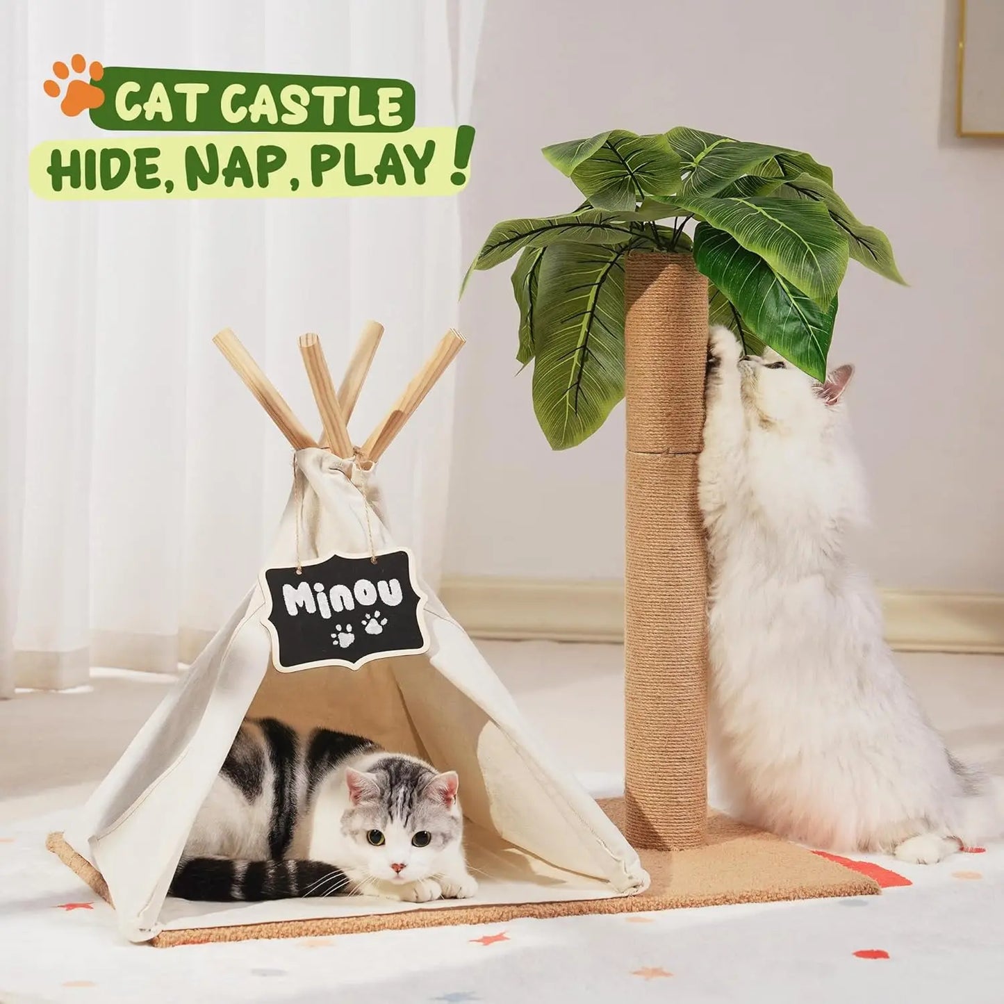 MEWOOFUN Cats Scratching Post Teepee Cat Tree with Simulated Leaves 60cm Tall Scratcher Post Pet Bed Tent Indoor Cat Play House