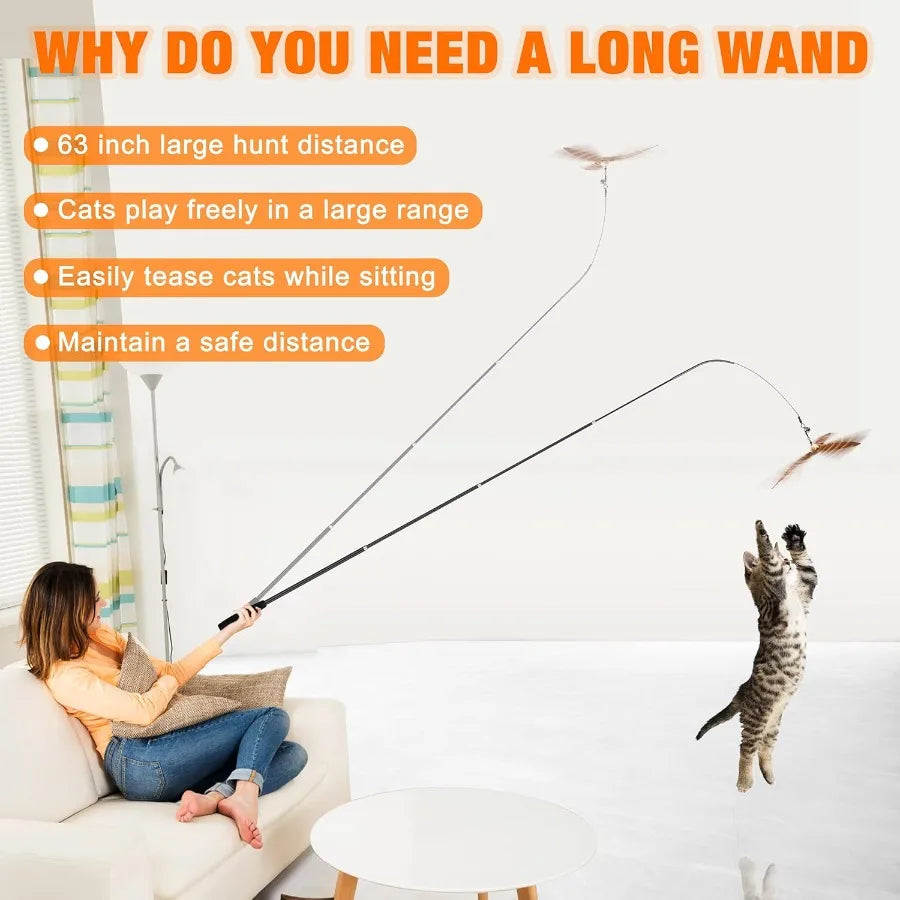 2025 Latest Cat Toys 2 in 1 Spring Cat Wand Toy with 2PCS UltraLong Cat Teaser 4PCS Spring Steel Wire 5PCS Feather Refills for