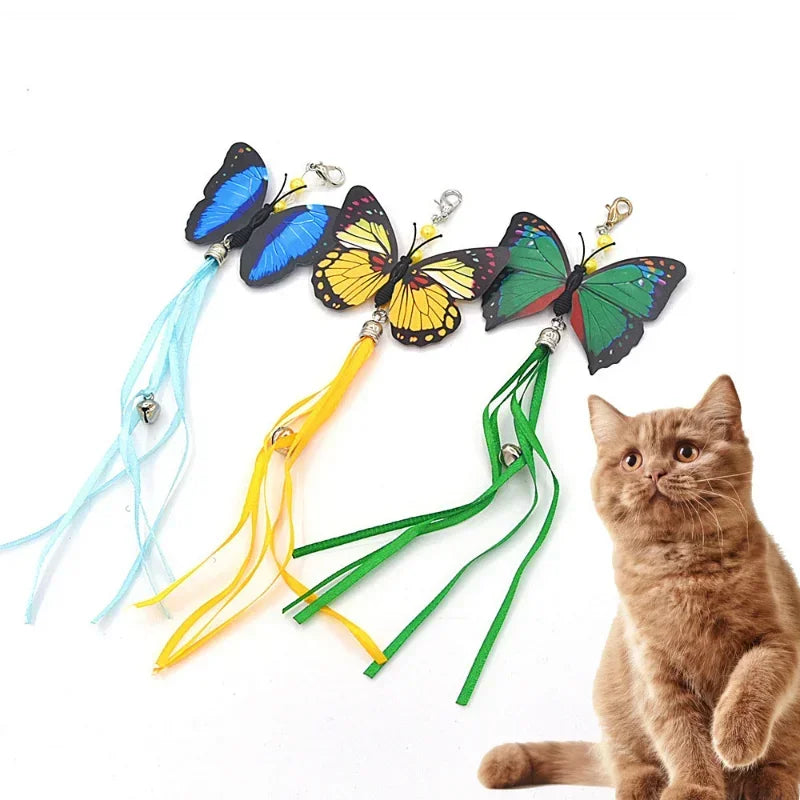 Cat with Playing Head Butterfly Fishing Wand Interactive Replacement Dangle Funny Teaser Kitten Rod Toy Dragonfly Rod Bell