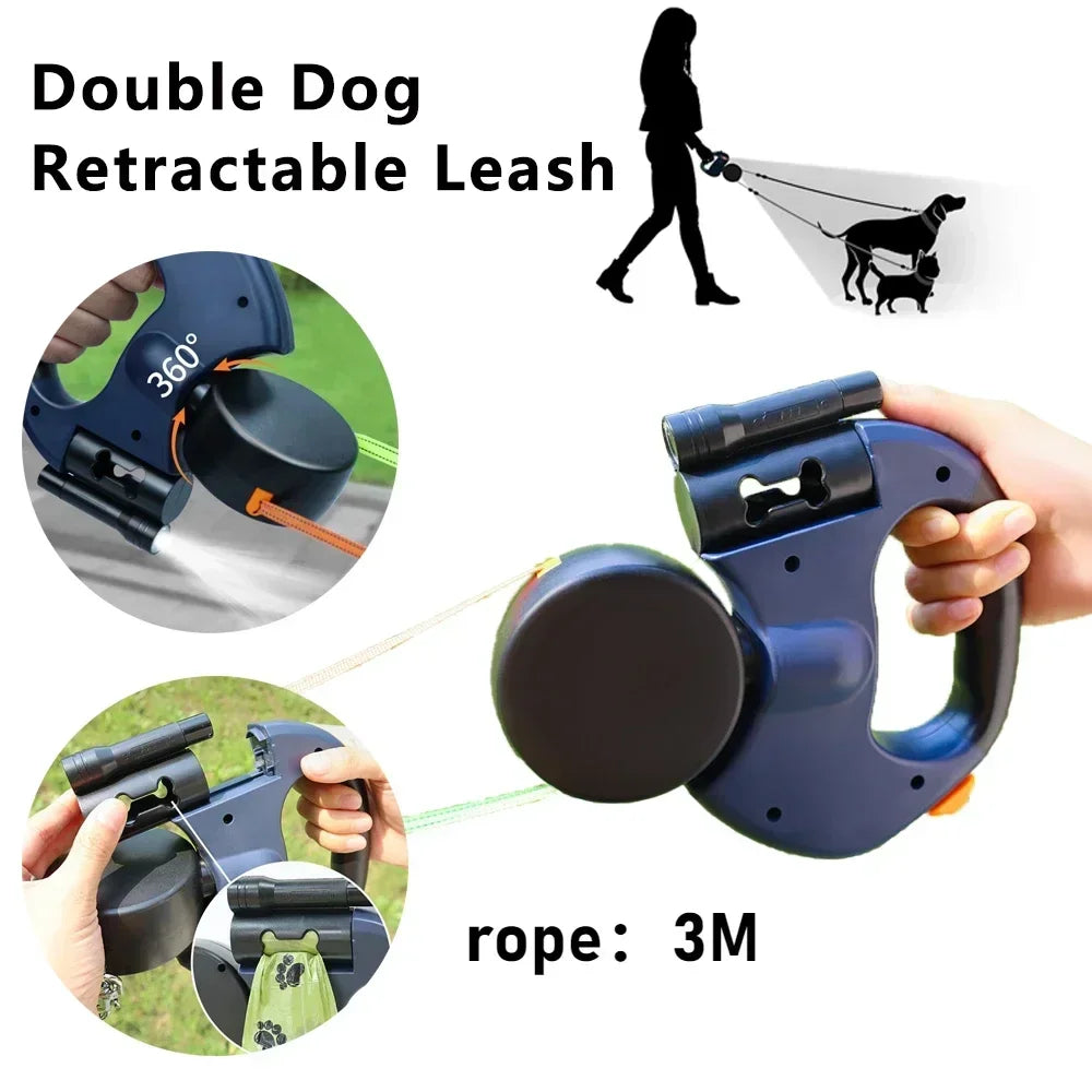 Double Headed Dog Leash Dog Walking Leash 360 Degree Swivel Dual Pet Leash with LED Light Retractable Dog Leash for 2 Dogs