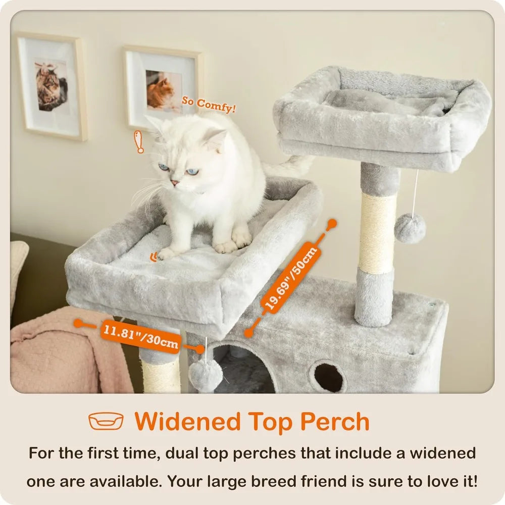 Ouritsu Cat Tree, 57 inch Cat Tower for Large Cat Indoor, 2 Top Perches with 1 Widened, 2 Condos with 1 Enlarged, Steel Frame Ha