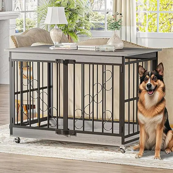 48 Inch Dog Crates for Medium/Large Dogs, Farmhouse Wood Kennel Indoor Heavy Duty Dog Cage with Caster