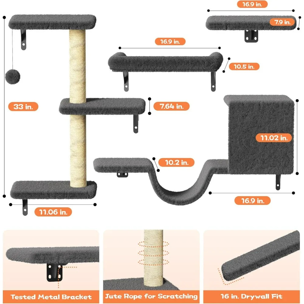 Cat Wall Shelves, Stable & Safe 6 in 1 Pet Walls Furniture Set with Wooden Cat Climber,House, Bridge, Tree, Steps