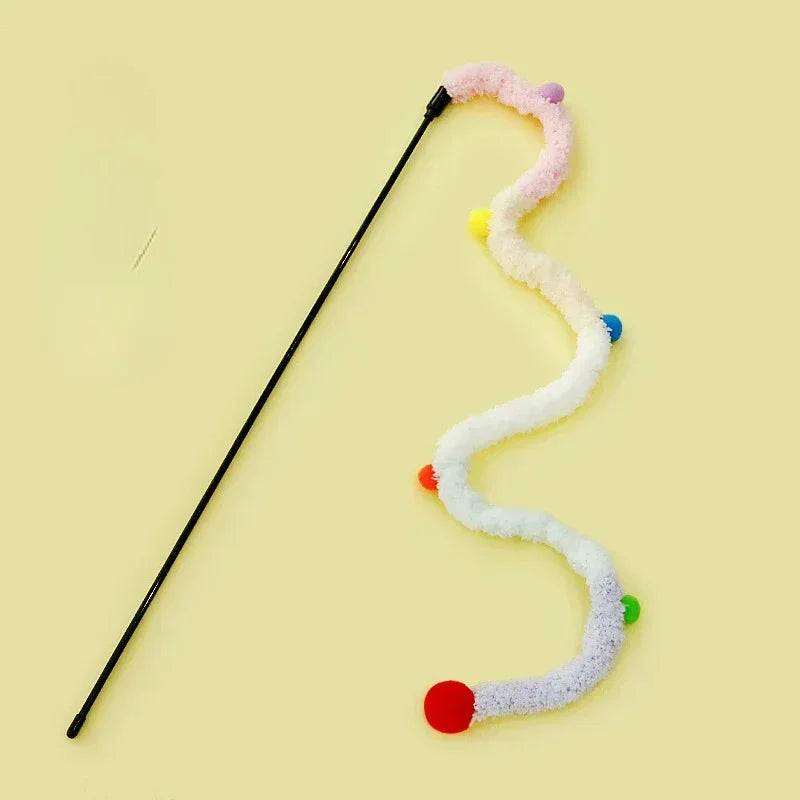 Cat Playing Teaser Wand Toy Cat Teaser Stick Long Handle Soft Color Plush Ball Bite-resistant Pet Supplies
