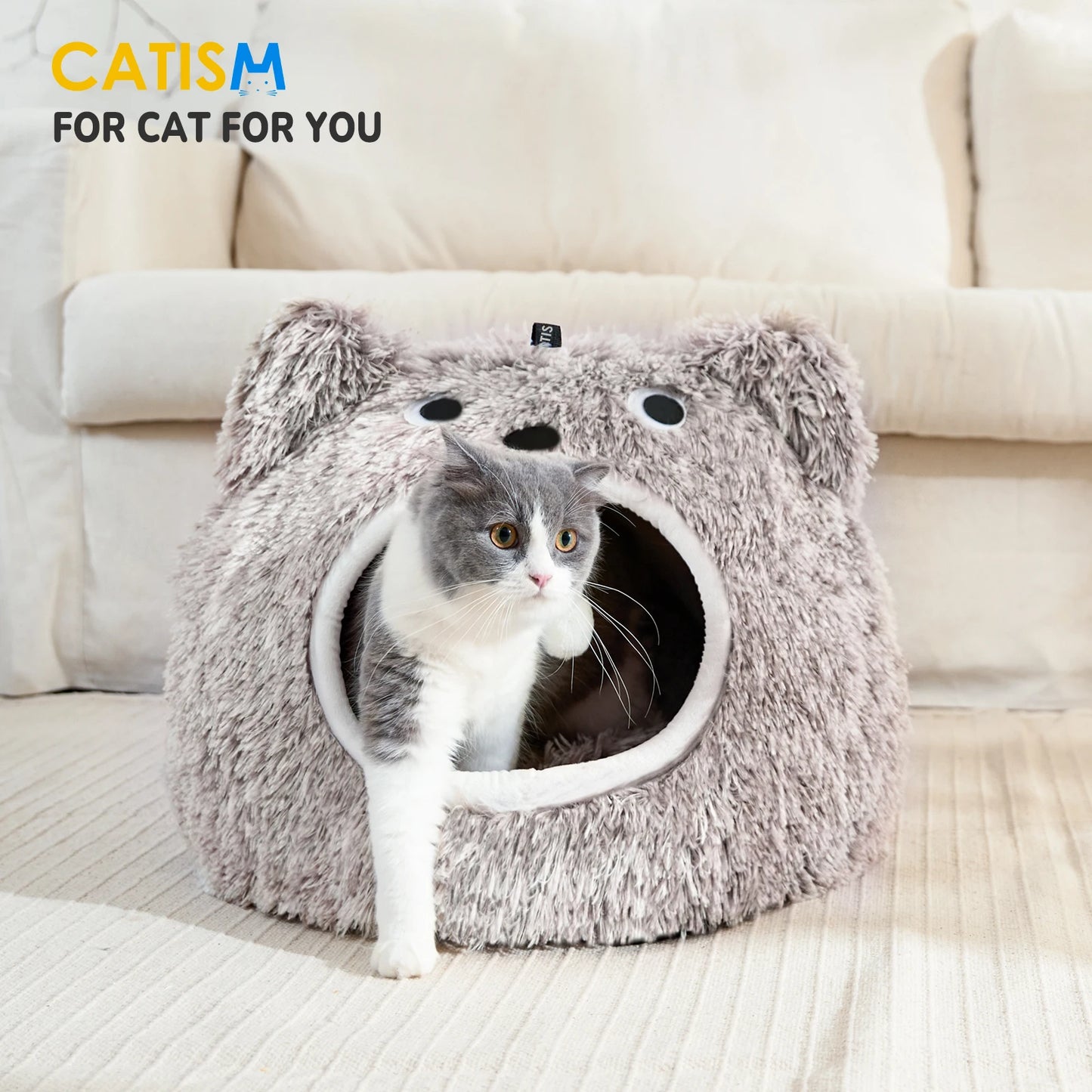 CATISM Cat Head Shape Cute Cat Bed, Soft Plush Hooded Cat House, Self Warming Cat Cave, Cozy Cat Pod for Indoor Cat or Small Do
