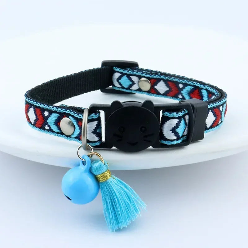 cat and embellished for colorful pet bells collars dog and jacquard tassels collar pattern plaid with Adjustable collar cat