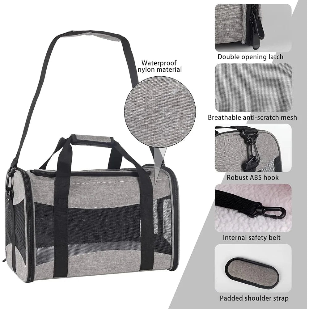 Airline Approved Cat Carrier Portable Collapsible Pet Travel Bag Breathable Mesh with Removable Fleece Pad Anti Escape Safety