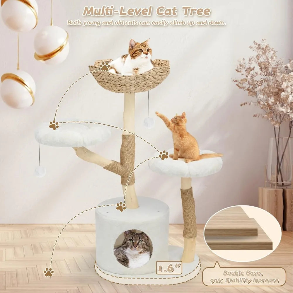 Modern Cat Tree Tower, Solid Wood Multi-Level w/ 2 Flower Perches, Scratching Post, Hanging Ball - Luxury Boho Cat Furniture