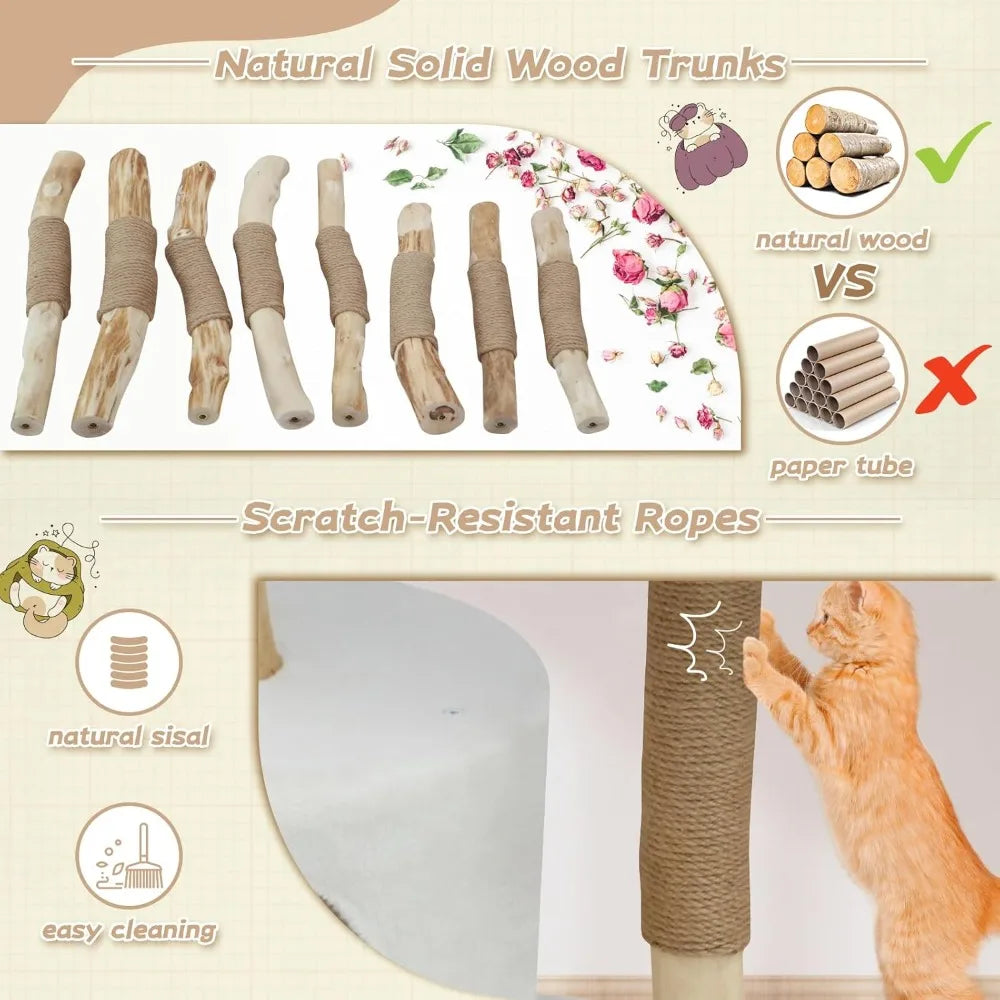 Modern Cat Tree Tower, Solid Wood Multi-Level w/ 2 Flower Perches, Scratching Post, Hanging Ball - Luxury Boho Cat Furniture