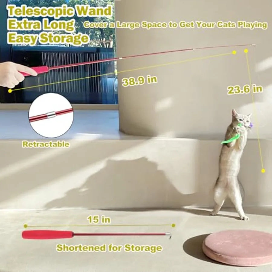 Interactive Cat Toys Retractable Wand Toy and Feather Toys Refills for Indoor Cats to Chase and Exercise