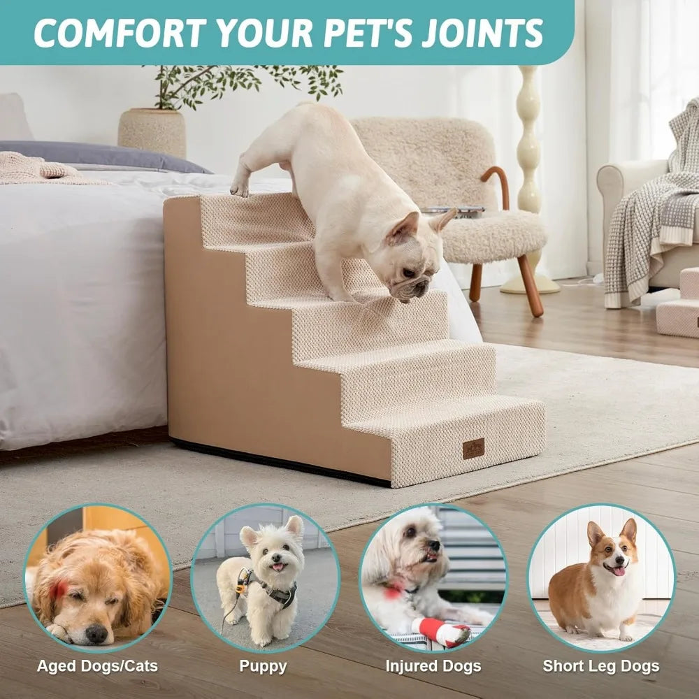 Dog Stairs for Small Dogs, 5 Tier Wider Pet Stairs for High Beds, 23.6" H Non-Slip Dog Steps for Old Cats, Puppies, Small Medium