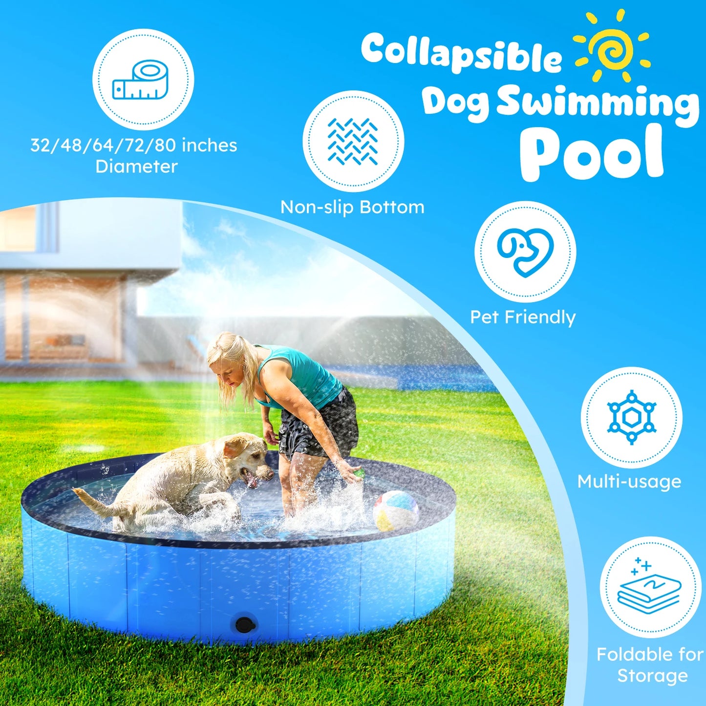 Portable Dog Pool, Foldable Pet Swimming Tub, Anti-Slip Collapsible Pet Bathtub, Hard Plastic Bath Pool for Pets Dogs and Cats