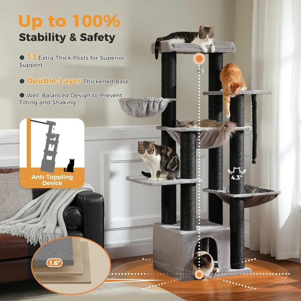 Large Cat Tree-67 Tall Cat Tower for Indoor Cats Large Adult with 13 Thick Black Scratching Posts , Multi- Level Cat Condo