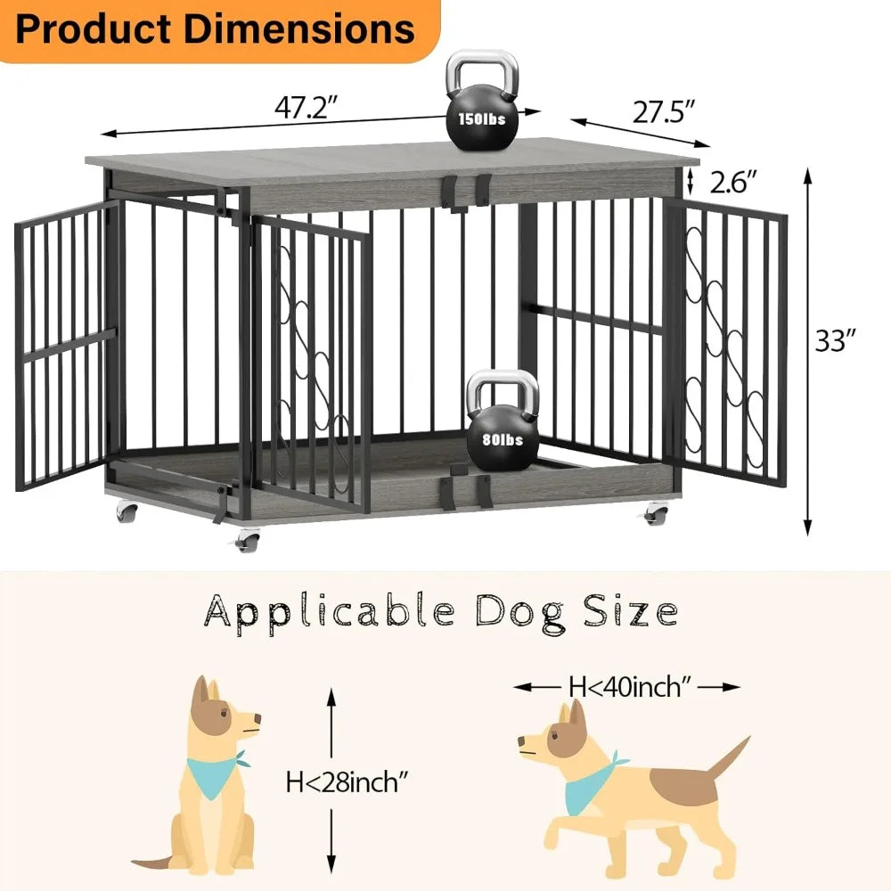 48 Inch Dog Crates for Medium/Large Dogs, Farmhouse Wood Kennel Indoor Heavy Duty Dog Cage with Caster