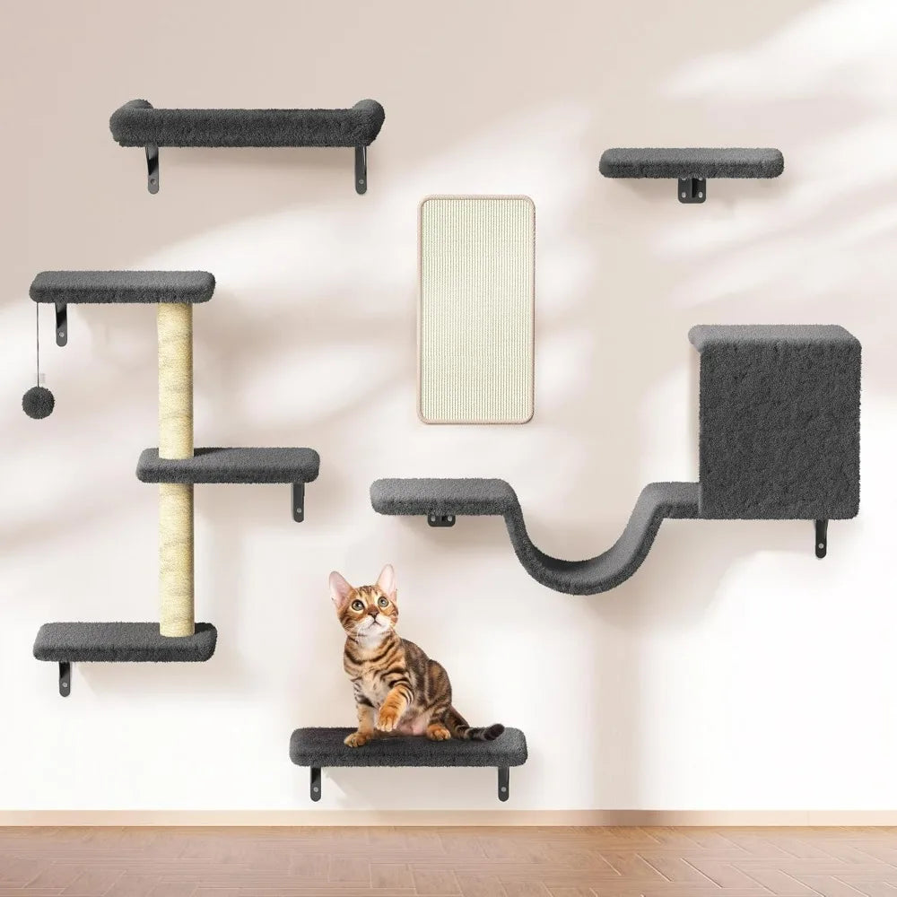 Cat Wall Shelves, Stable & Safe 6 in 1 Pet Walls Furniture Set with Wooden Cat Climber,House, Bridge, Tree, Steps