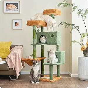 Ouritsu Cat Tree, 57 inch Cat Tower for Large Cat Indoor, 2 Top Perches with 1 Widened, 2 Condos with 1 Enlarged, Steel Frame Ha
