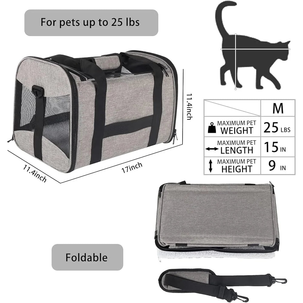 Airline Approved Cat Carrier Portable Collapsible Pet Travel Bag Breathable Mesh with Removable Fleece Pad Anti Escape Safety
