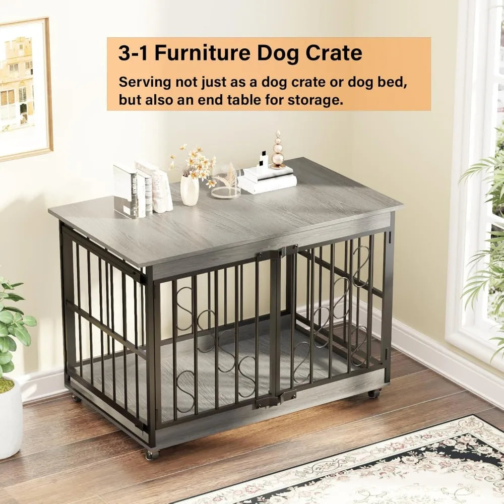 48 Inch Dog Crates for Medium/Large Dogs, Farmhouse Wood Kennel Indoor Heavy Duty Dog Cage with Caster