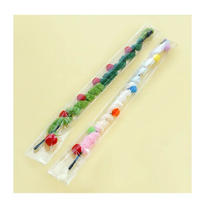 Cat Playing Teaser Wand Toy Cat Teaser Stick Long Handle Soft Color Plush Ball Bite-resistant Pet Supplies