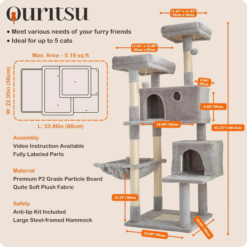 Ouritsu Cat Tree, 57 inch Cat Tower for Large Cat Indoor, 2 Top Perches with 1 Widened, 2 Condos with 1 Enlarged, Steel Frame Ha