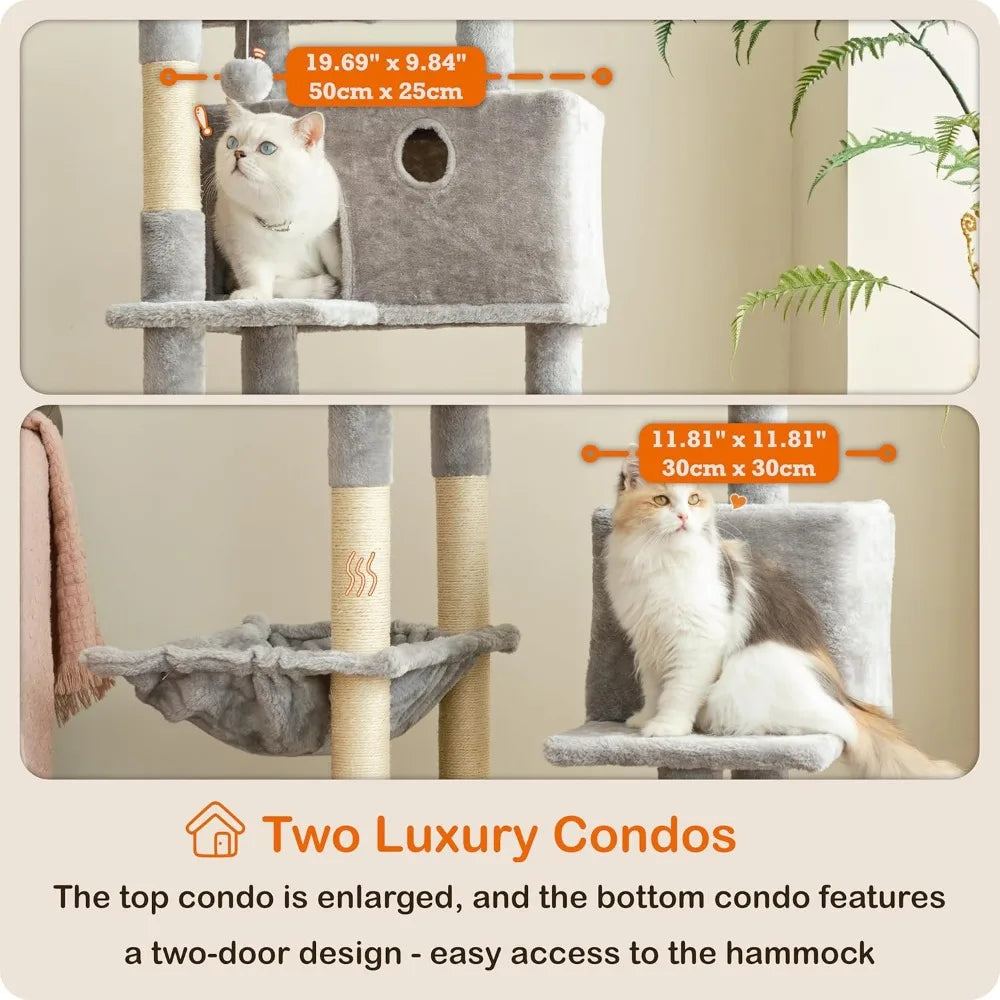 Ouritsu Cat Tree, 57 inch Cat Tower for Large Cat Indoor, 2 Top Perches with 1 Widened, 2 Condos with 1 Enlarged, Steel Frame Ha