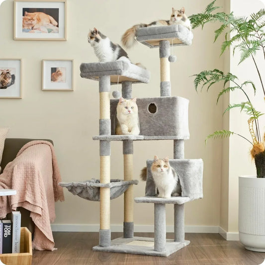 Ouritsu Cat Tree, 57 inch Cat Tower for Large Cat Indoor, 2 Top Perches with 1 Widened, 2 Condos with 1 Enlarged, Steel Frame Ha
