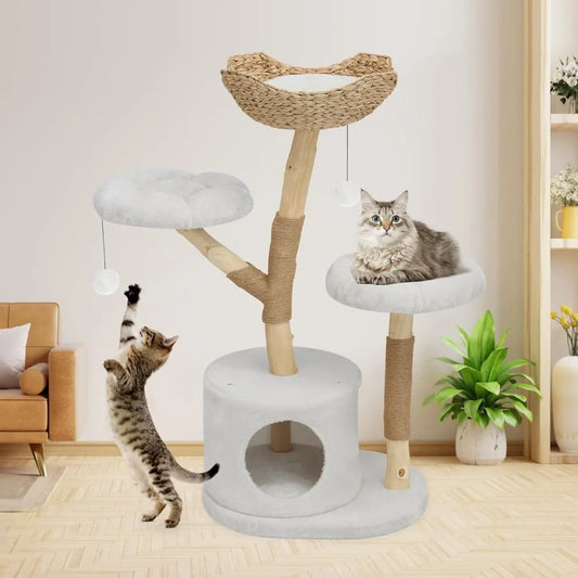 Modern Cat Tree Tower, Solid Wood Multi-Level w/ 2 Flower Perches, Scratching Post, Hanging Ball - Luxury Boho Cat Furniture