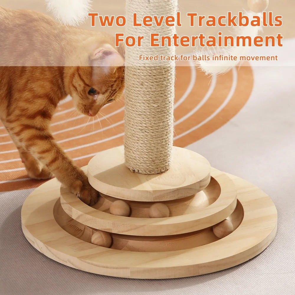 Interactive Cat Scratching Post with 2 Tier Ball Track Hanging Feather Toys Solid Wood Base Natural Sisal Jute Healthy Claws