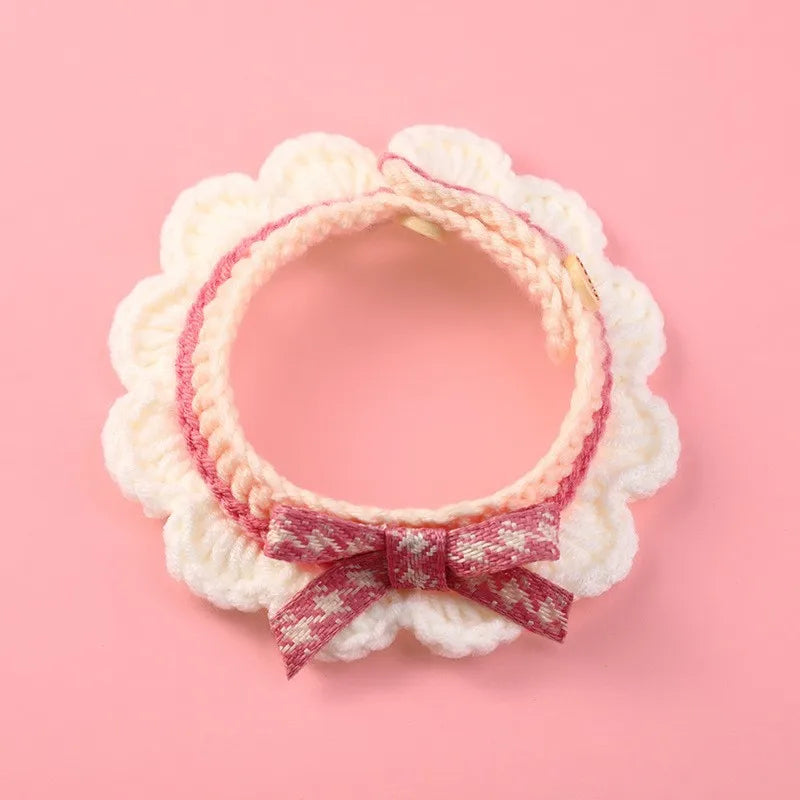 Cute Bow-knot Hand-knitted Saliva Towel  Kitten Cat Puppy  Adjustable Collar Pet Decorative Dog Cat Collar Pet dog Accessories
