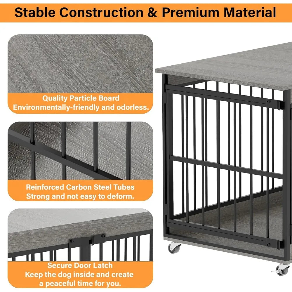 48 Inch Dog Crates for Medium/Large Dogs, Farmhouse Wood Kennel Indoor Heavy Duty Dog Cage with Caster