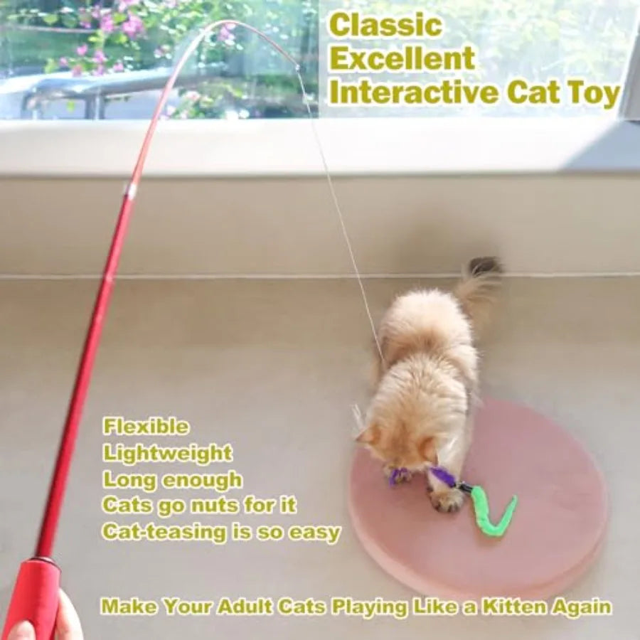 Interactive Cat Toys Retractable Wand Toy and Feather Toys Refills for Indoor Cats to Chase and Exercise