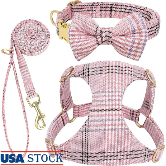 Cute Small Dog Harness Collar Leash Set Adjustable Soft Plaid Design XS Dogs Cats Perfect Walks Parties