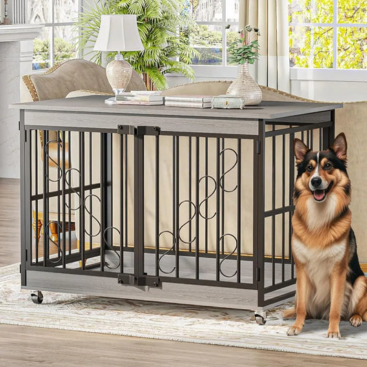 48 Inch Dog Crates for Medium/Large Dogs, Farmhouse Wood Kennel Indoor Heavy Duty Dog Cage with Caster