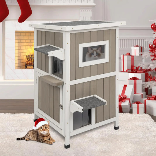 Petscosset Outdoor Cat House, Two-Story Feral Cat Shelter with Asphalt Roof