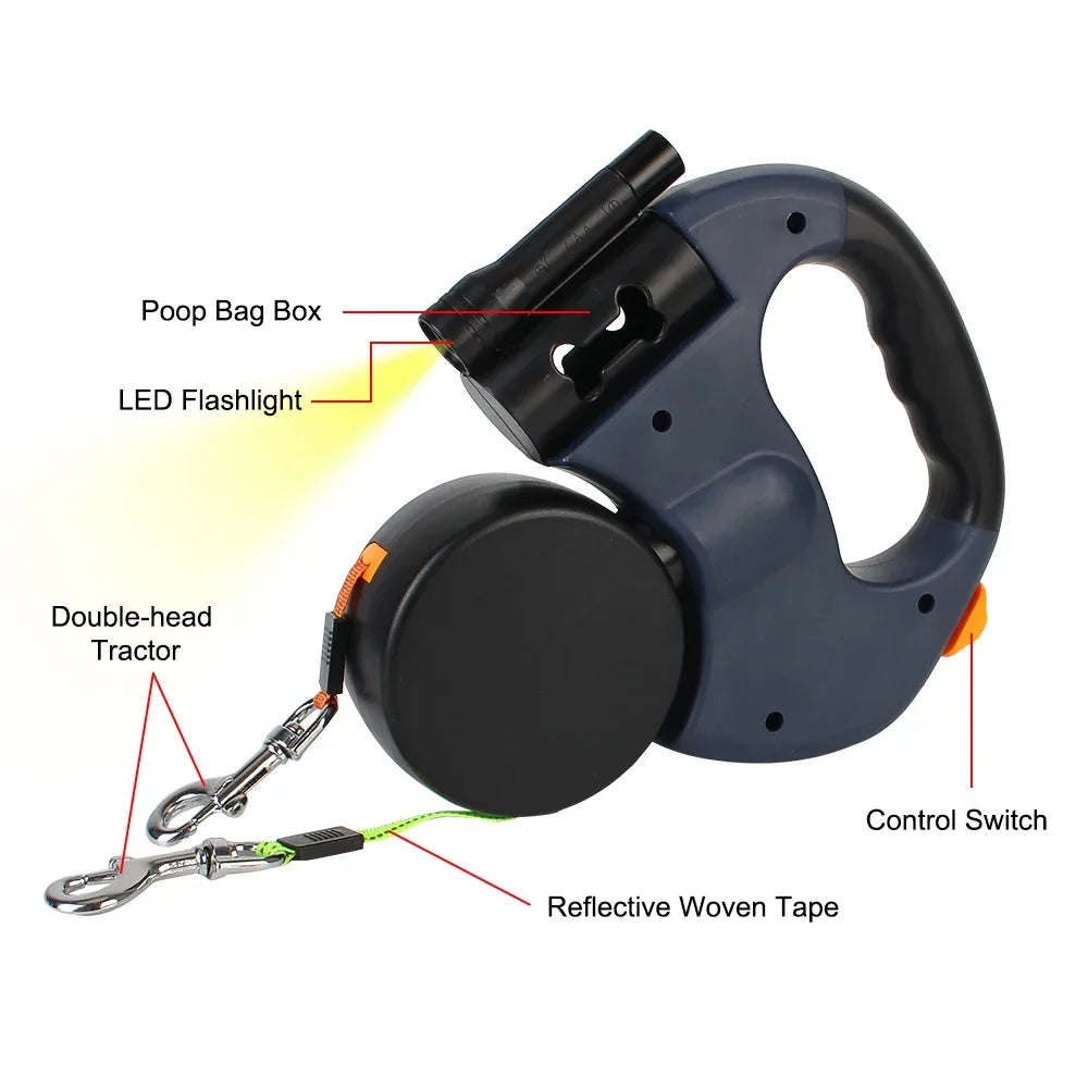 3m Dual Dog Leash With Flashlight Waste Bag Box Pet supplies Double-Ended Traction Rope Dogs Strap Auto Retractable Roulette Dog