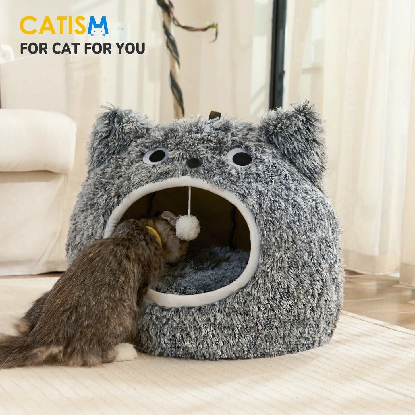 CATISM Cat Head Shape Cute Cat Bed,  Soft Plush Hooded Cat House, Self Warming Cat Cave, Cozy Cat Pod for Indoor Cat or Small Do