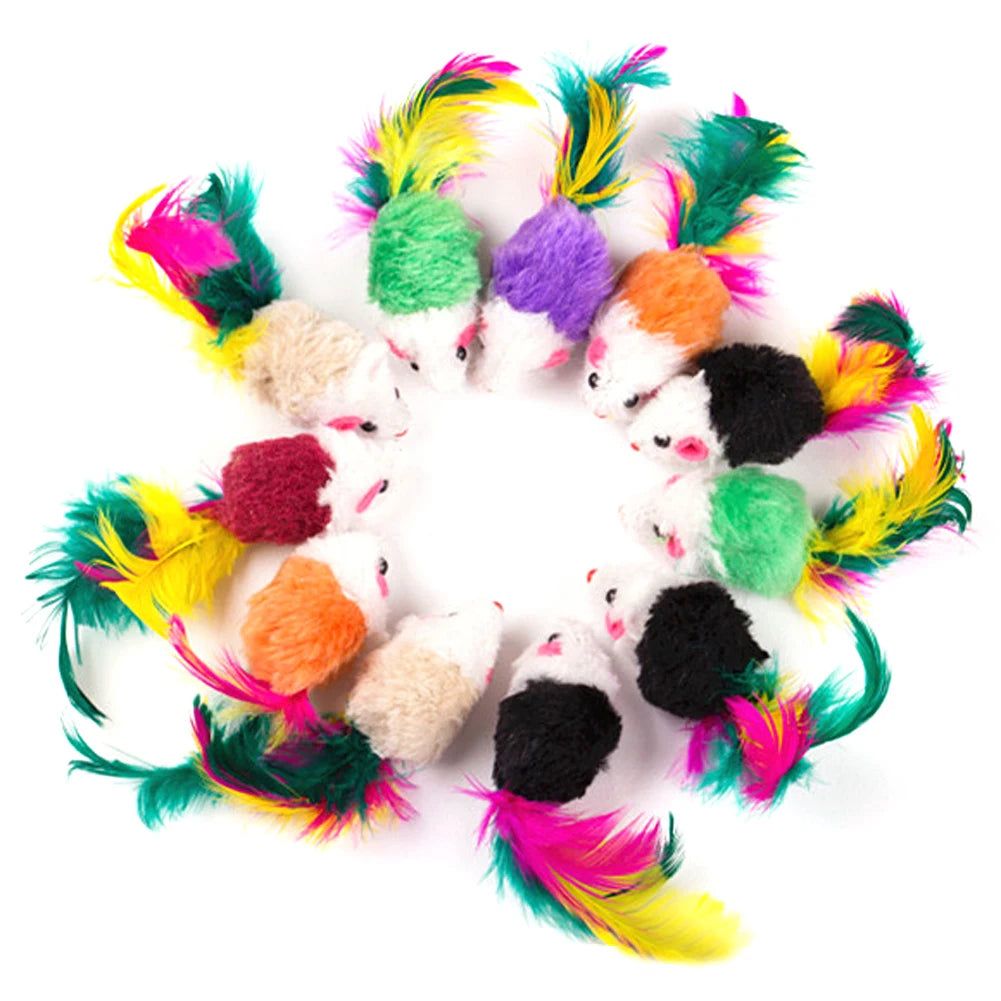 10-200Pcs False Mouse Pet Cat Toys Mini Funny Playing Toys for Indoor Cats Play Fetch with Colorful Feather Plush Cat Mice Toys