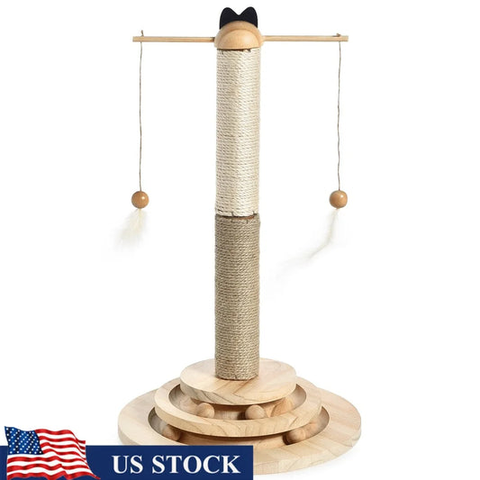 Interactive Cat Scratching Post with 2 Tier Ball Track Hanging Feather Toys Solid Wood Base Natural Sisal Jute Healthy Claws