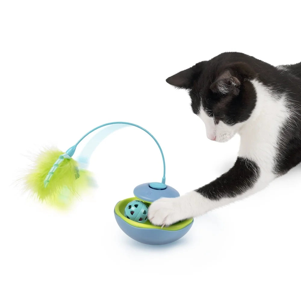 Interactive Cat Toy with Spinning Feather Wand and Rolling Track Ball Motion Activated Wobble Base Solo or Group Play