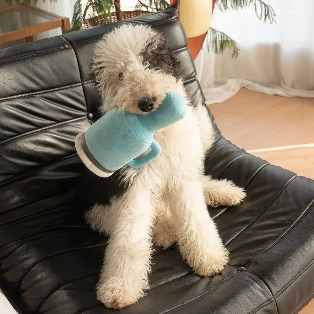 31cm Tall Squeaky Puppy Cup Plush Dog Toy with Handle and Straw Soft and Stylish Cup Shape Pet Toy for Small and Medium Dogs