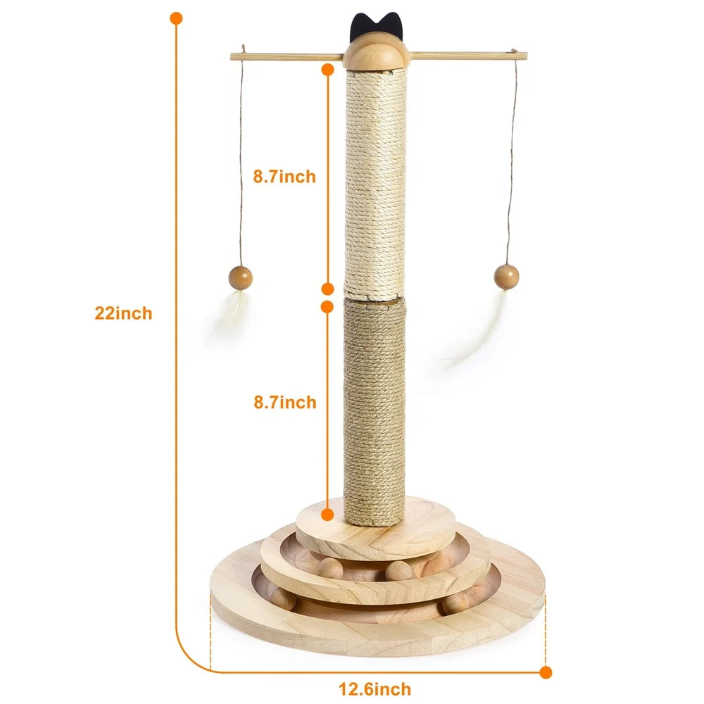 Interactive Cat Scratching Post with 2 Tier Ball Track Hanging Feather Toys Solid Wood Base Natural Sisal Jute Healthy Claws